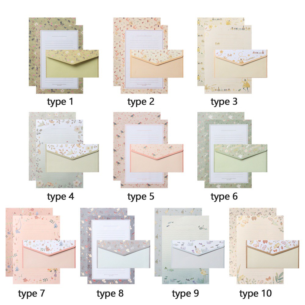 Bộ 3 cái phong bì và 6 tờ giấy viết thư in hoa hoạt hình cổ điển đáng yêu