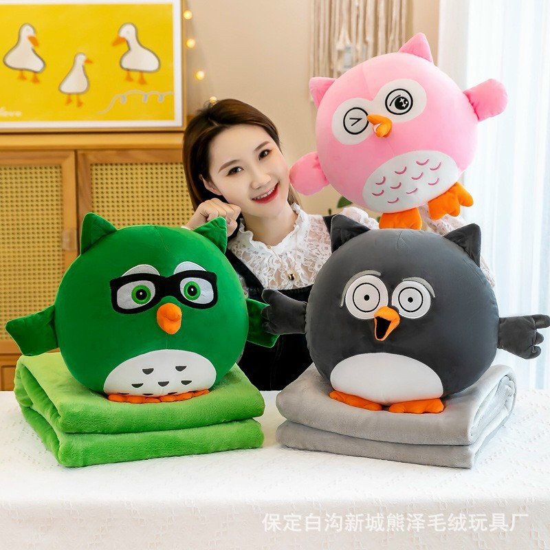 Chăn gối gấu bông hình thú, bộ chăn gối văn phòng hình thú nhồi bông 2 trong 1, gối kèm mền hình cáo đuôi dài