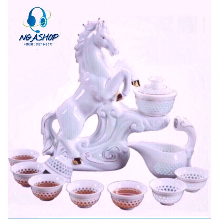 Bộ ấm chén pha trà đẹp cối xay gốm sứ tử sa cao cấp,Bộ chén uống trà đạo mã đáo thành công 11 chi tiết màu trắng