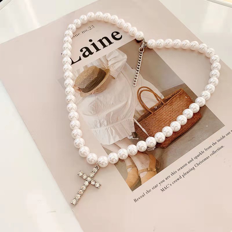 Vòng cổ Chuỗi Ngọc Trai Mặt Thánh Giá Phong Cách Hip Hop Cho Nam Và Nữ