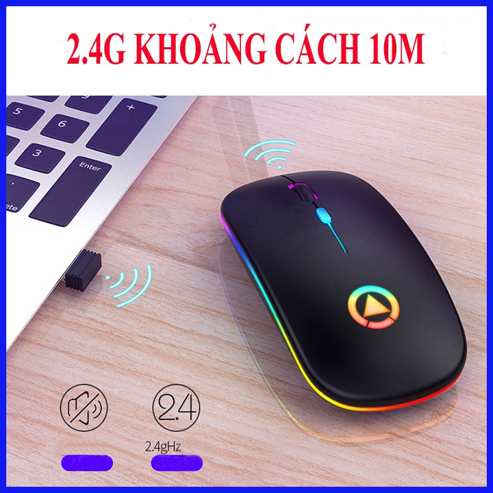 [CAO CẤP] Chuột không dây A2 tự sạc cao cấp, LED 7 màu lung linh, nút điều chỉnh DPI tốc độ chuột BH 6 tháng