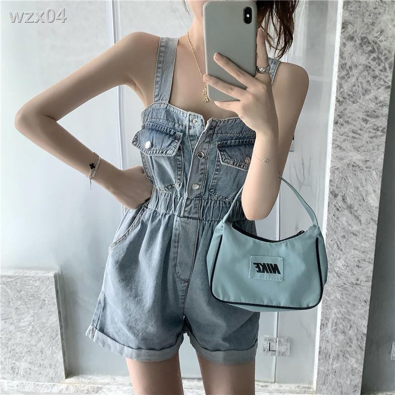 Quần yếm denim retro, áo liền mỏng dành cho nữ, short ống rộng lưng cao thẳng mùa hè năm 2021 mới