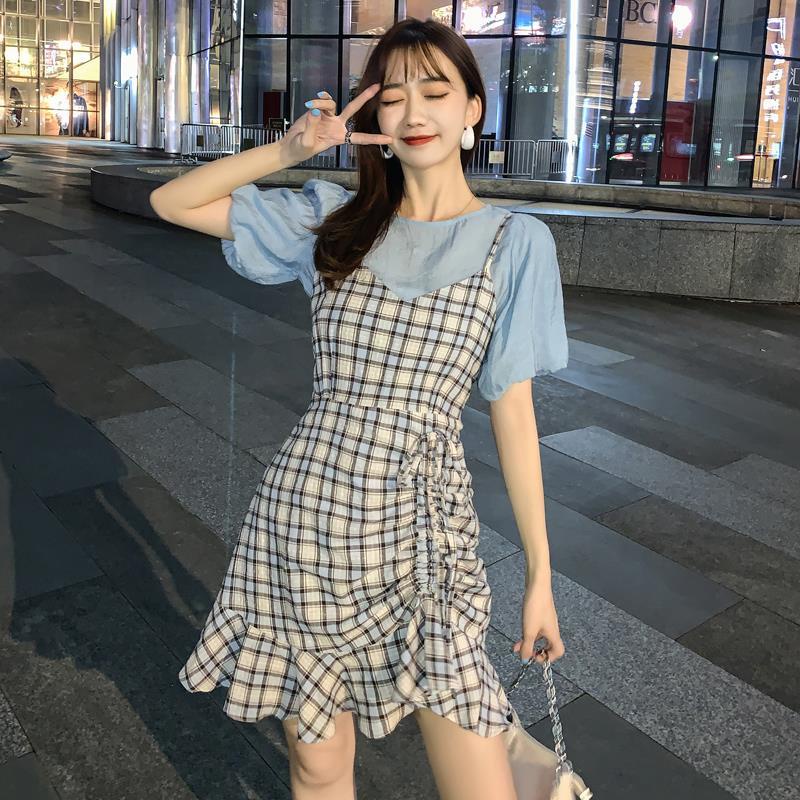 Set Đầm Yếm Tay Ngắn + Áo Tay Phồng Phong Cách Hàn Quốc Mới