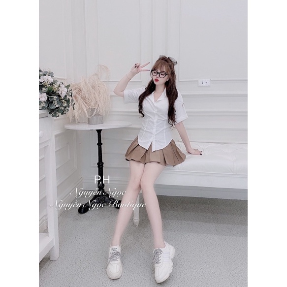 Set áo sơmi triết eo mix chân váy xếp ly nâu tây