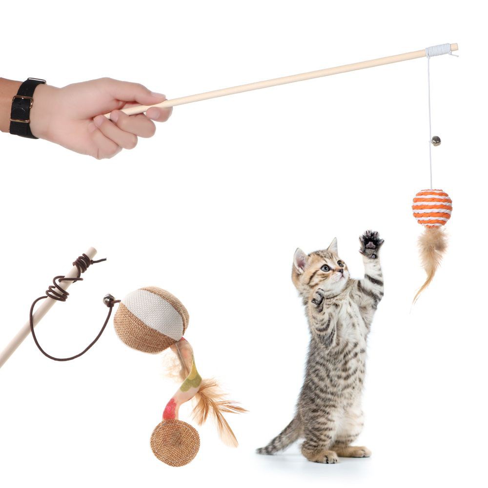 MIOSHOP Mini Pet Cat Teaser Toys Rod Mouse Toy Cat Catcher Teaser Wooden Stick With Mini Bell Wood Feather Cartoon Cat Interactive Toys