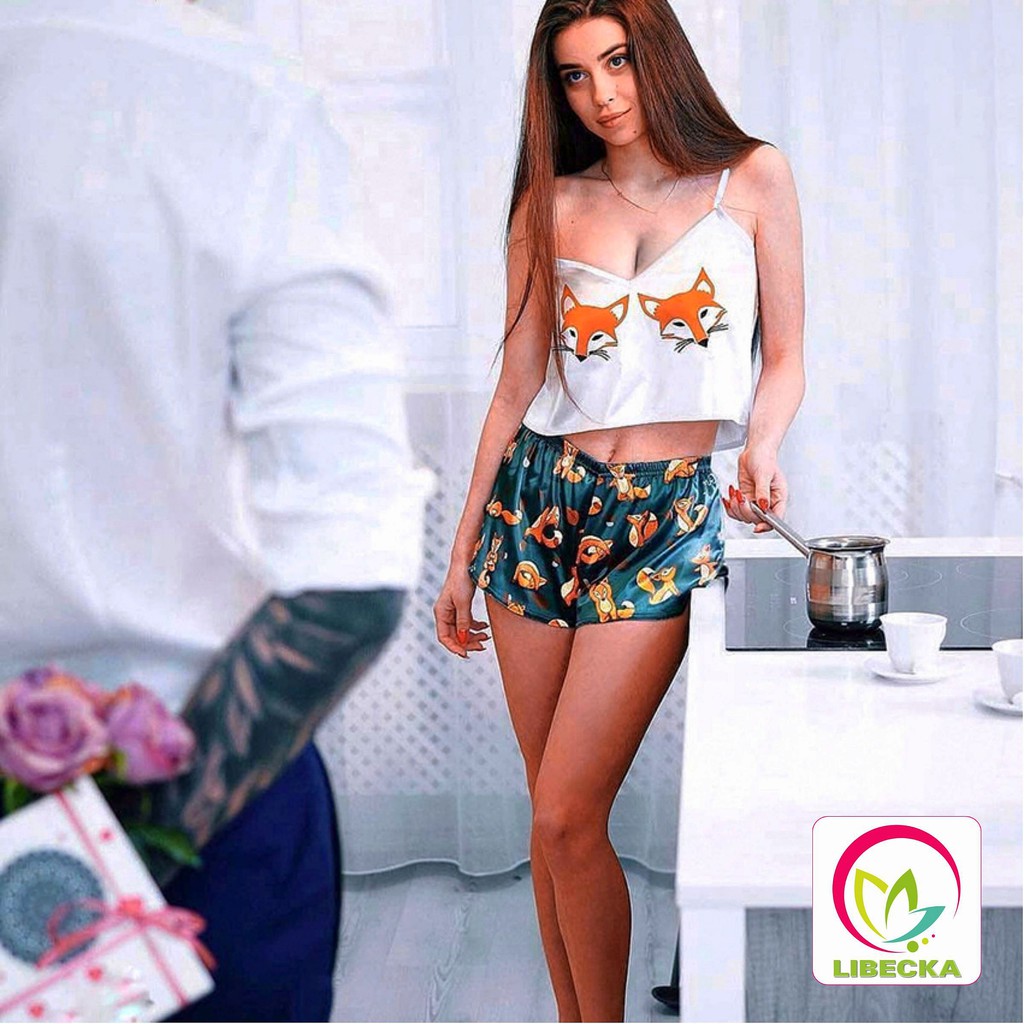 Bộ đồ ngủ Pijama nữ quần đùi cộc áo hai dây Croptop họa tiết tinh nghịch đáng yêu chât liệu Satin cao cấp LIBECKA BDN03