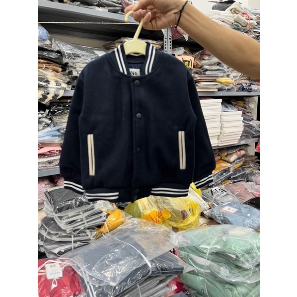 Áo boomber dạ xanh đen cúc bấm phối viền trắng