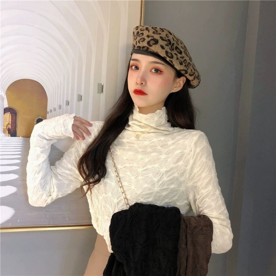 Áo Thun Tay Dài Cổ Cao Xếp Ly Dáng Ôm Thời Trang Hàn Quốc Cho Nữ