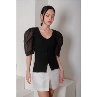 Áo Thun Gài Nút Phối Voan Nữ Đen AT MODA DE LITA