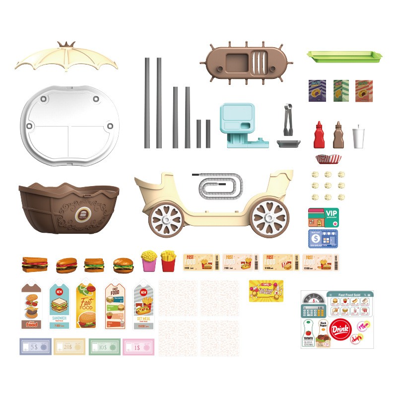 Bộ đồ chơi xe đẩy,vali kéo đầu bếp,bán hàng ăn nhanh lưu động thông minh màu vàng nâu cho bé trai, gái bằng nhựa hộp to