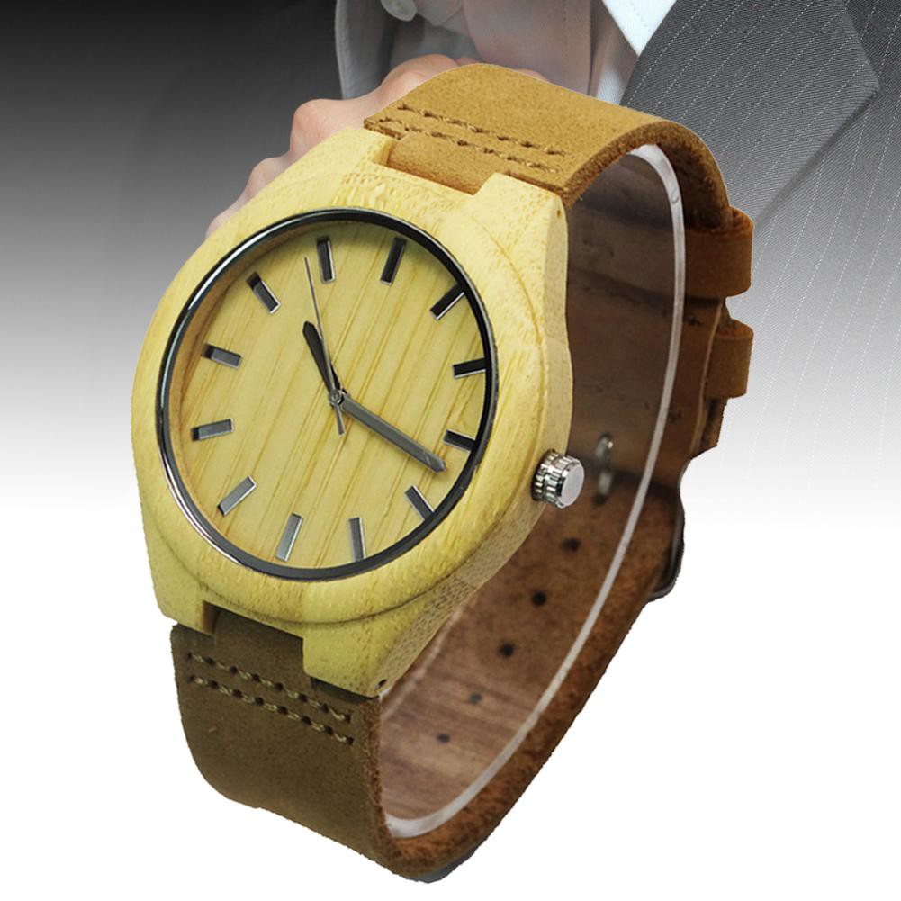 Wristwatch Male Handmade Wooden Quartz Watch Leather Strap Bamboo Wood