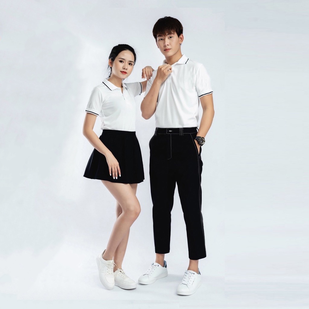 Áo thun polo nữ vải cá sấu phối sọc viền tay cổ