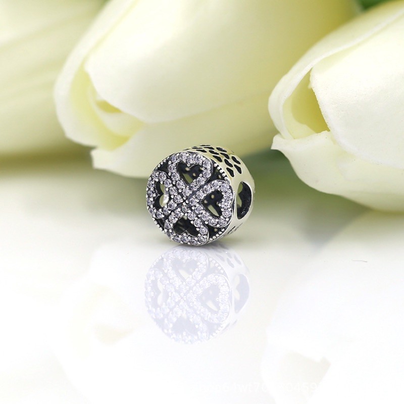 charm pan cỏ 4 lá may mắn đính đá trắng bạc s925 cao cấp