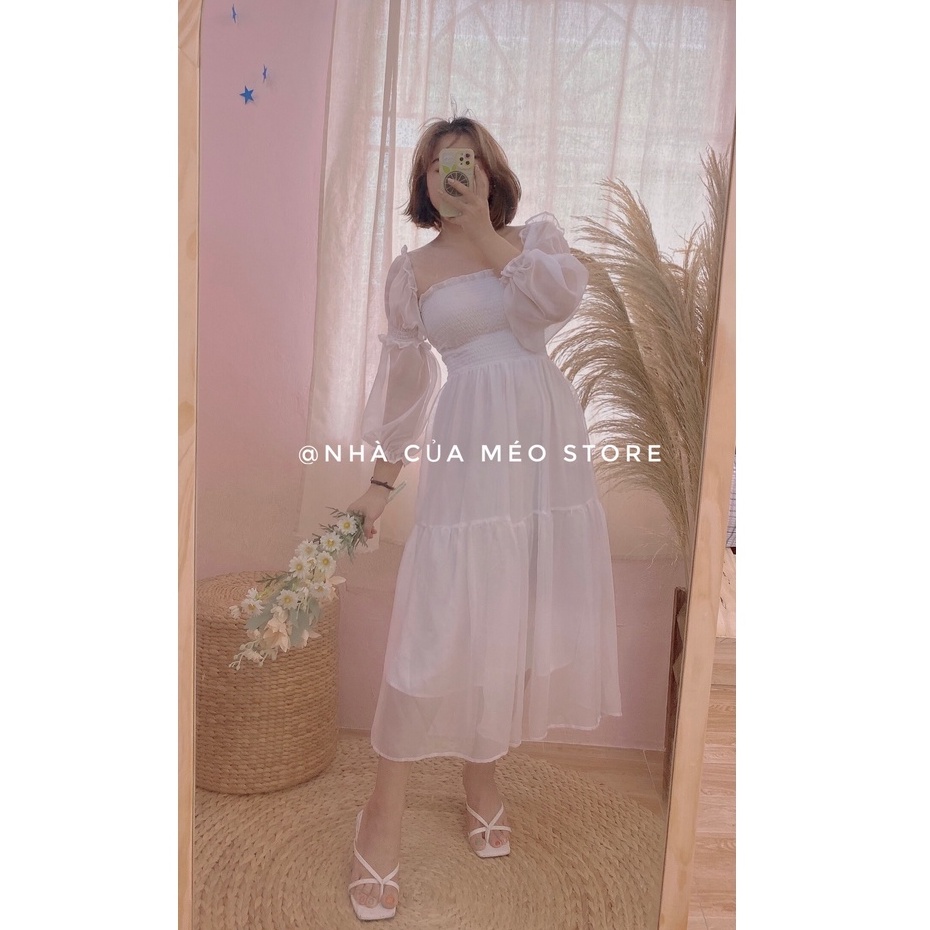 Đầm voan trắng trễ vai thời trang cho nữ co giãn freesize đến 65kg