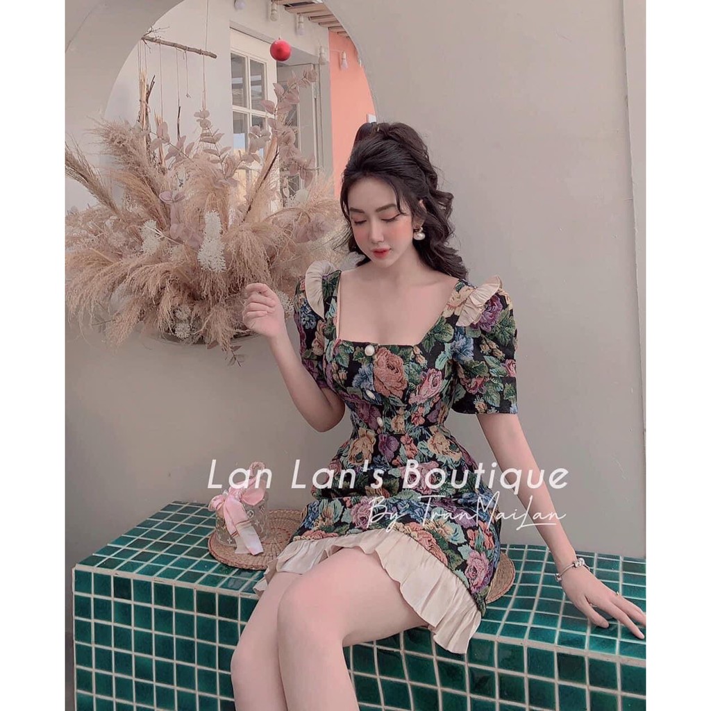 [Mã WASTMAY giảm 15% tối đa 30K đơn 150K] Đầm dáng xòe gấm hoa cao cấp phối nút - Flora Dress | BigBuy360 - bigbuy360.vn