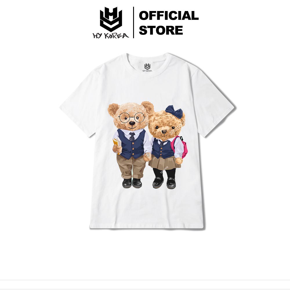 Áo Đôi HY KOREA Thun 100 Tay Lỡ Form Rộng Unisex Nam Nữ In Hình Gấu Couple Vest Xanh192