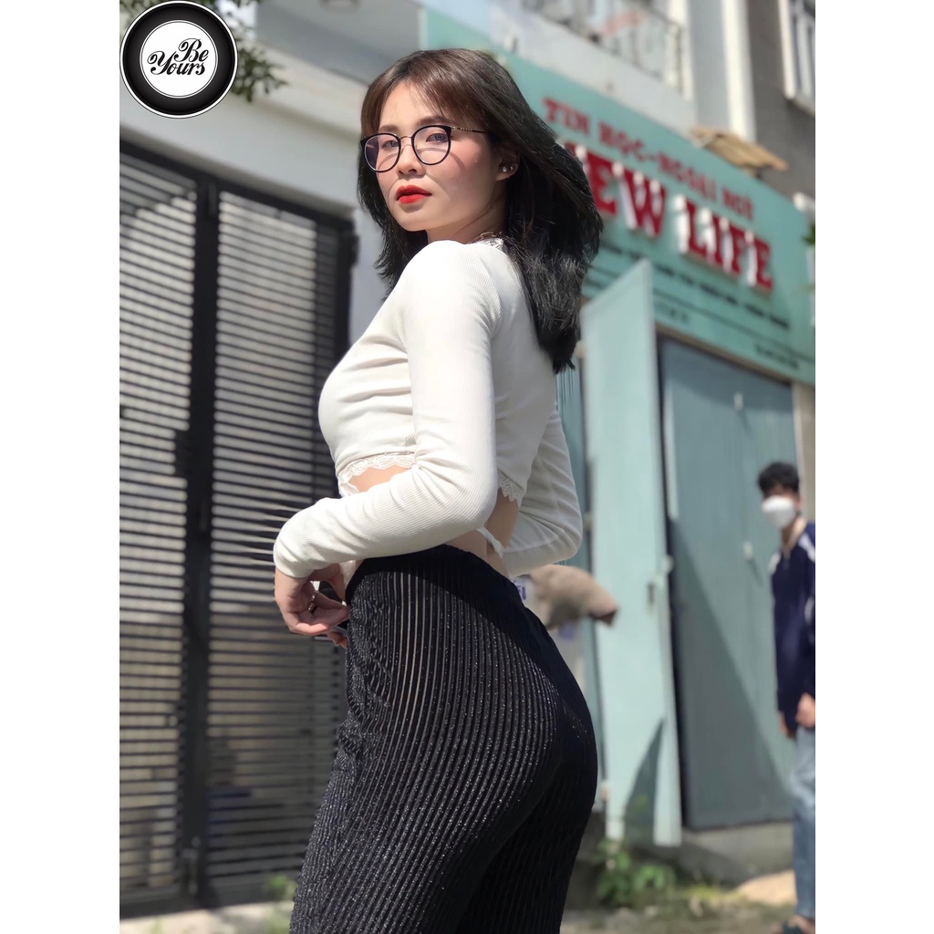 Áo Croptop Dài Tay Cột Dây Quanh Eo Bigsize Dưới 80Kg Viền Ren Chất Thun Cotton "REN"