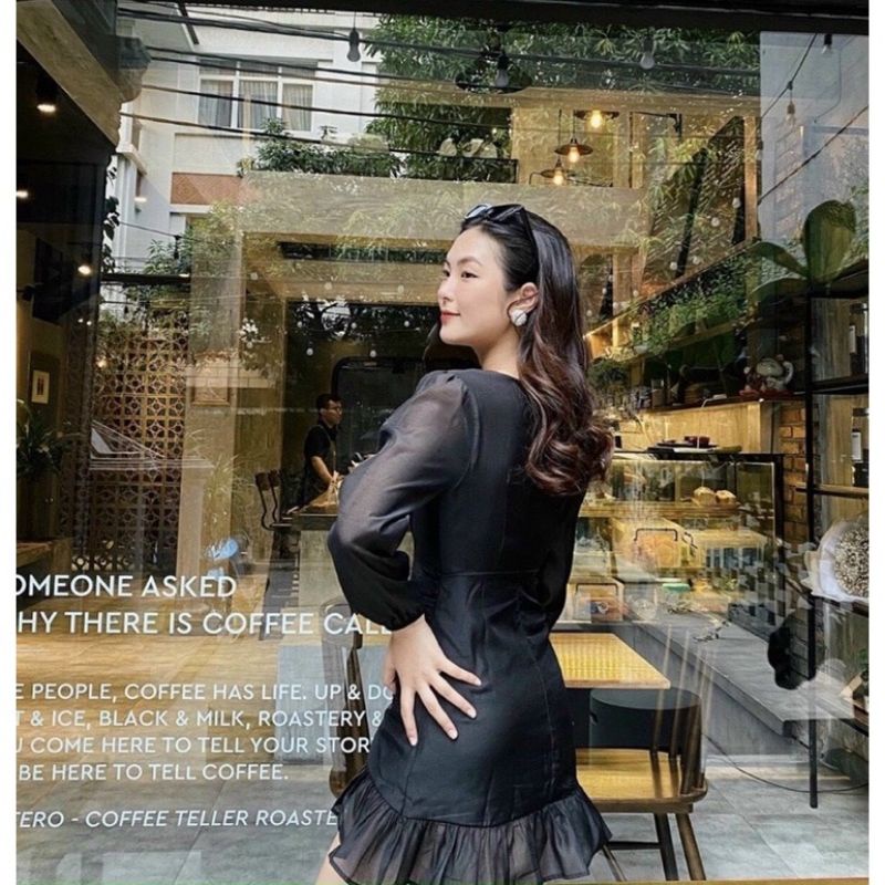 Đầm body ngắn trên gối , đầm đuôi cá tay dài bồng nhúng bụng ,chất liệu vải voan lụa mềm mịn , free size 42kg-55kg