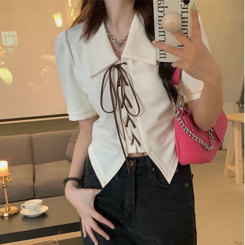 Áo Thun Tay Ngắn Cổ Polo Phối Dây Cột Thời Trang Mùa Hè Xinh Xắn Cho Nữ