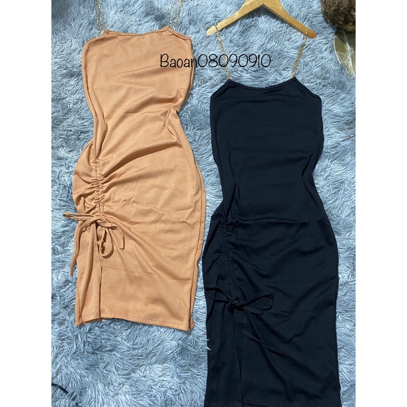 Đầm 2 dây ôm body kiểu rút dây đùi phối xích chất vải thun Borip Free Size dưới 53kg dành cho nữ