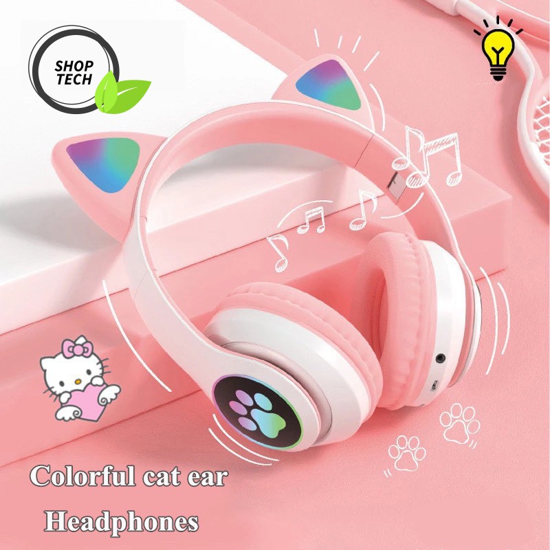 Tai Nghe Bluetooth 5.0 Mèo Cute Có Micro Chuyên Livestream STN-28 LED RGB 12 Chế Độ EQ – BH 12 Tháng