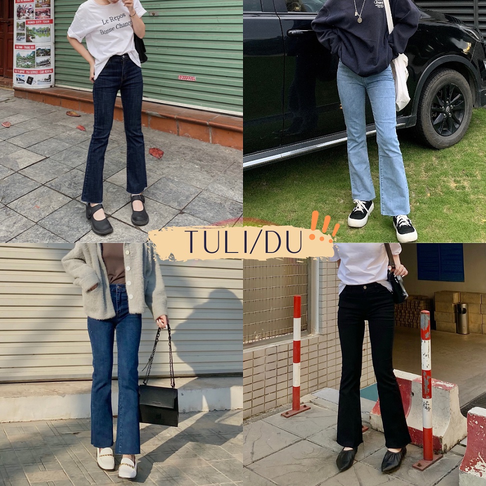 Quần Jean Ống Loe Lưng Cao Co Giãn Hàng Cao Cấp  [ẢNH THẬT] Quần Bò Ống Loe Rách Gấu Nữ