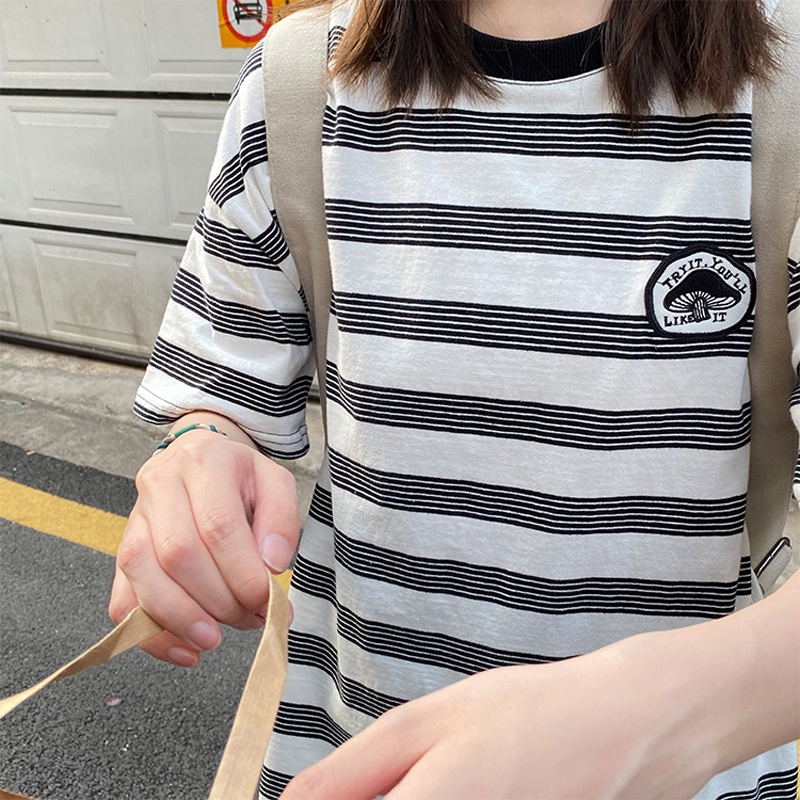 SUXI Áo Thun Ngắn Tay Cổ Tròn Họa Tiết Sọc Thêu Thời Trang Cho Nữ