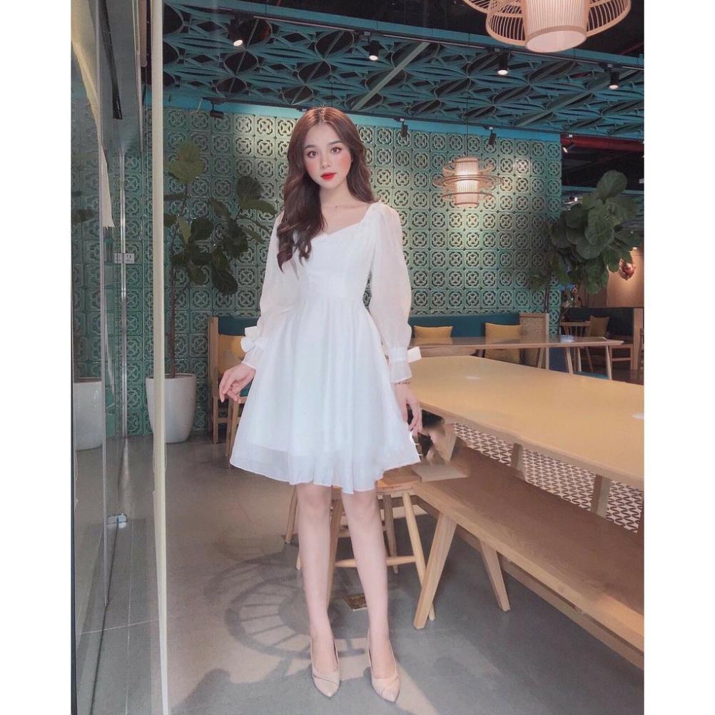 Đầm Cao Cấp,  Đầm dạo phố dáng xòe ELSA Dress cổ vuông phối nút bọc tay nơ [BAO ĐẸP, BAO XINH]