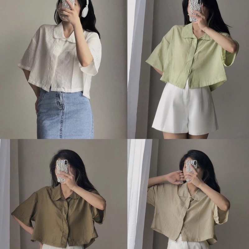 LOVI SHOP - Áo sơ mi nữ croptop tay ngắn cổ lá sen form rộng Lovi