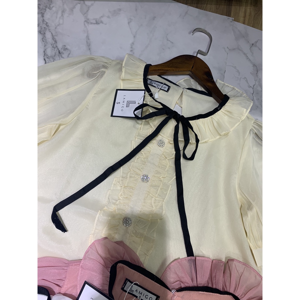 Áo sơ mi nữ công sở - áo sơ mi tơ óng cổ trụ viền bèo cúc đính đá nơ nhung 089