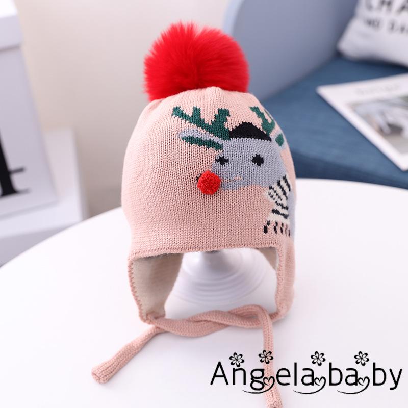 Mũ Beanie Đan Len Họa Tiết Tuần Lộc Hoạt Hình Phong Cách Giáng Sinh Cho Bé