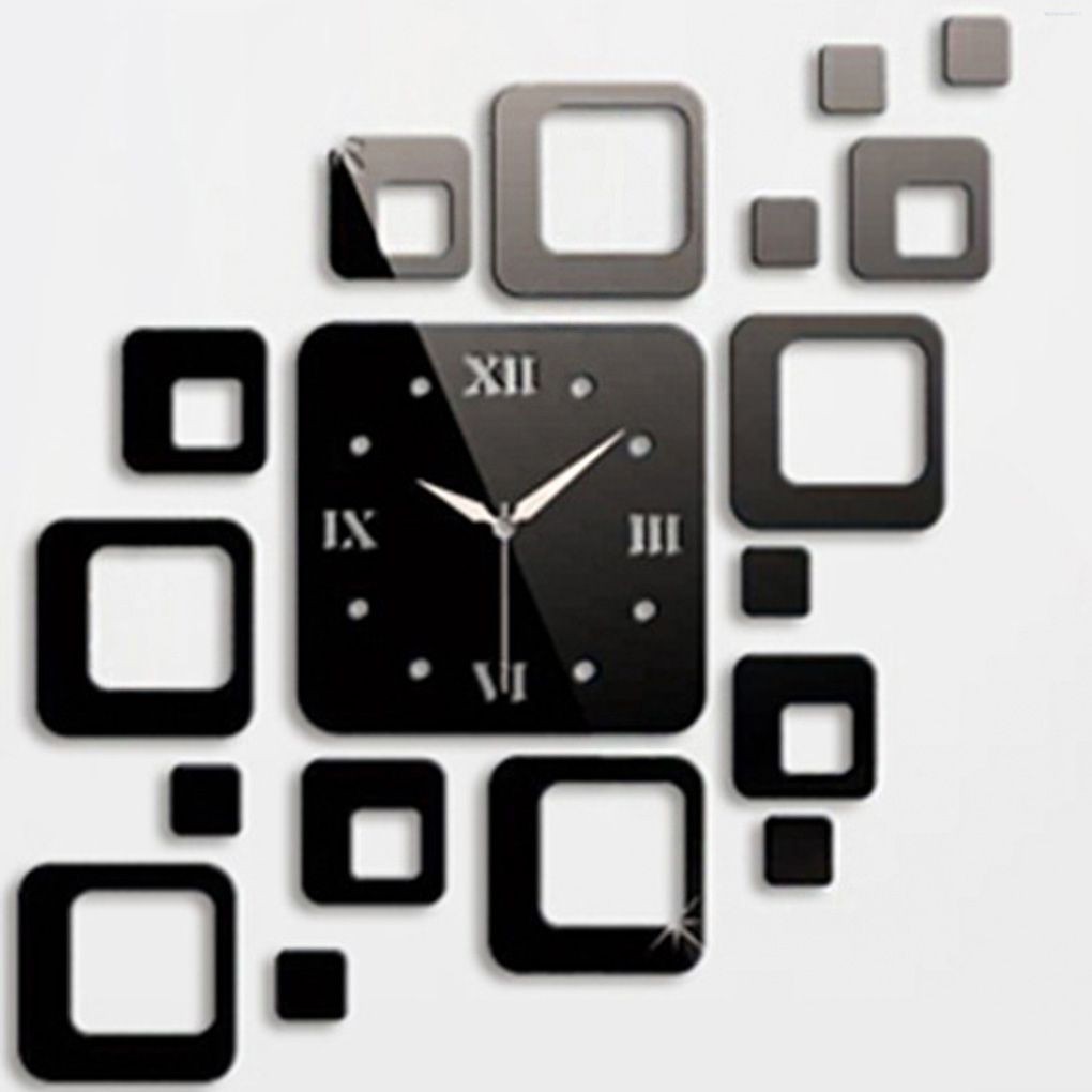 3D Acrylic Wall Clock Squares Quartz Mirror Wall Stickers Modern DIY Stickers  Kitchentool