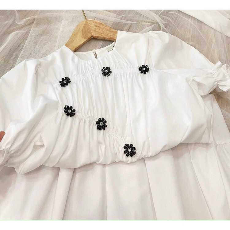 Váy babydoll cổ tròn đính hoa đen, đầm bầu dáng suông rộng ngắn thích hợp đi chơi - HN982