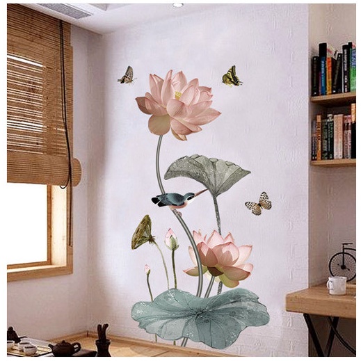 Decal dán tường trang trí - Sen hồng lá xanh cùng chim sẻ và bướm xanh cao cấp