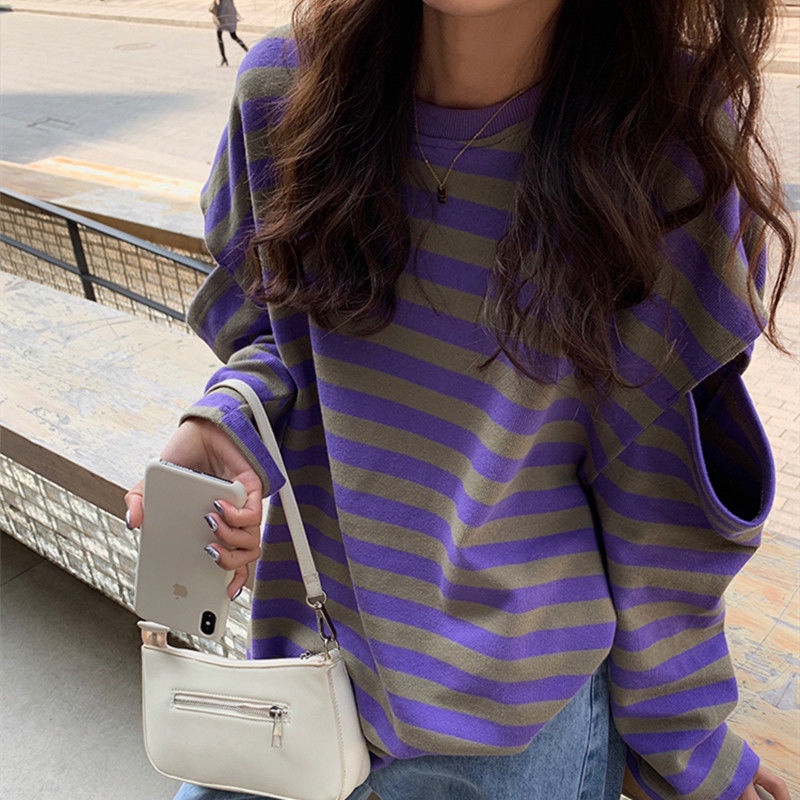 Jiashucheng Áo Thun Nữ Dài Tay Hở Vai Họa Tiết Sọc Ngang Phong Cách Mới