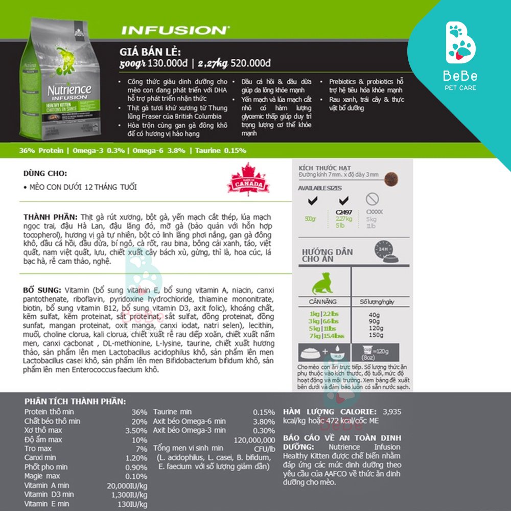 [2.27Kg] NUTRIENCE Infusion Kitten Cho Mèo Con (Thịt Gà &amp; Rau Củ Tự Nhiên)
