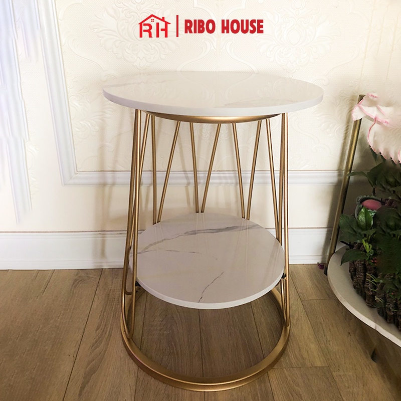 Bàn trà sofa RIBO HOUSE mặt bàn đá khung kim loại sơn tĩnh điện tab 2 tầng trang trí phòng khách ban công mẫu 7 RIBO175