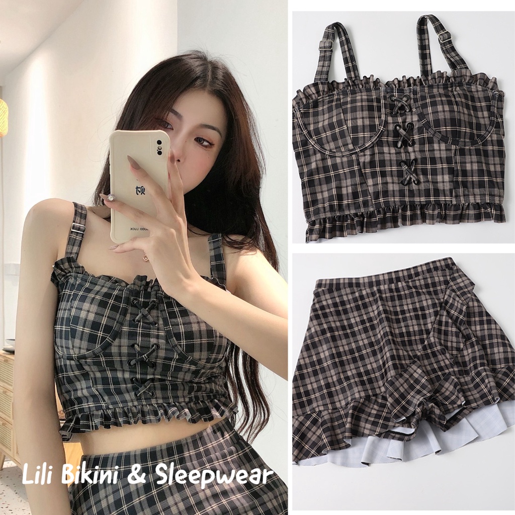 Mẫu mới 2023 Bikini Hàn Quốc áo nhún váy caro viền bèo Lolita dễ thương có quần váy kín đáo, đồ bơi xịn