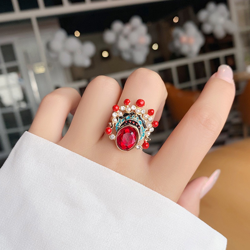 Fine Jewelry Beijing Opera Facial Makeup Diamante Farewell My Concubine Enamel Stone Ring