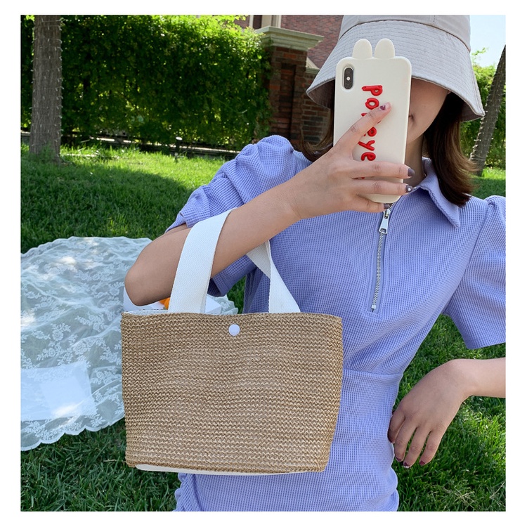 Túi Cói Xách Tay Retro 2 Lớp Quai Vải P1829