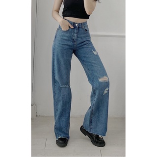 Quần jean nữ ống rộng thời trang GAGO cutout accent wide-leg loose leans màu xanh GO3443