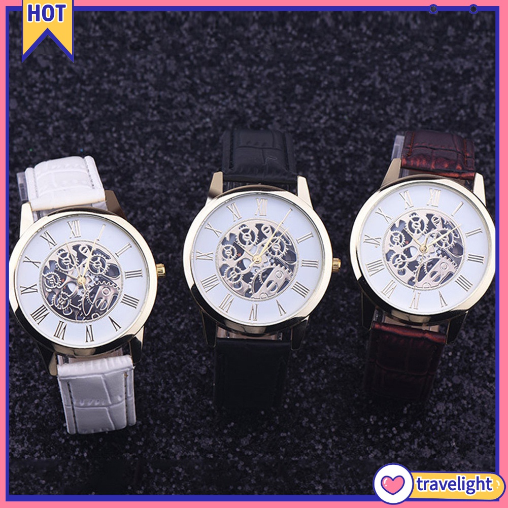 (Travelight) Đồng hồ đeo tay bộ máy quartz mặt hình tròn họa tiết cơ học rỗng dây đeo bằng da giả thời trang cho nam