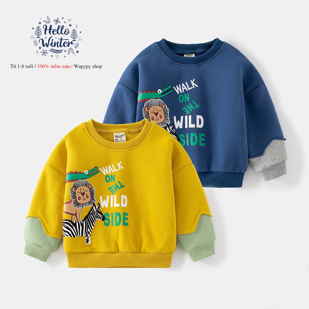 Áo nỉ cho bé WELLKIDS áo nỉ bông dài tay họa tiết khung long hàng xuất Âu Mỹ 2022