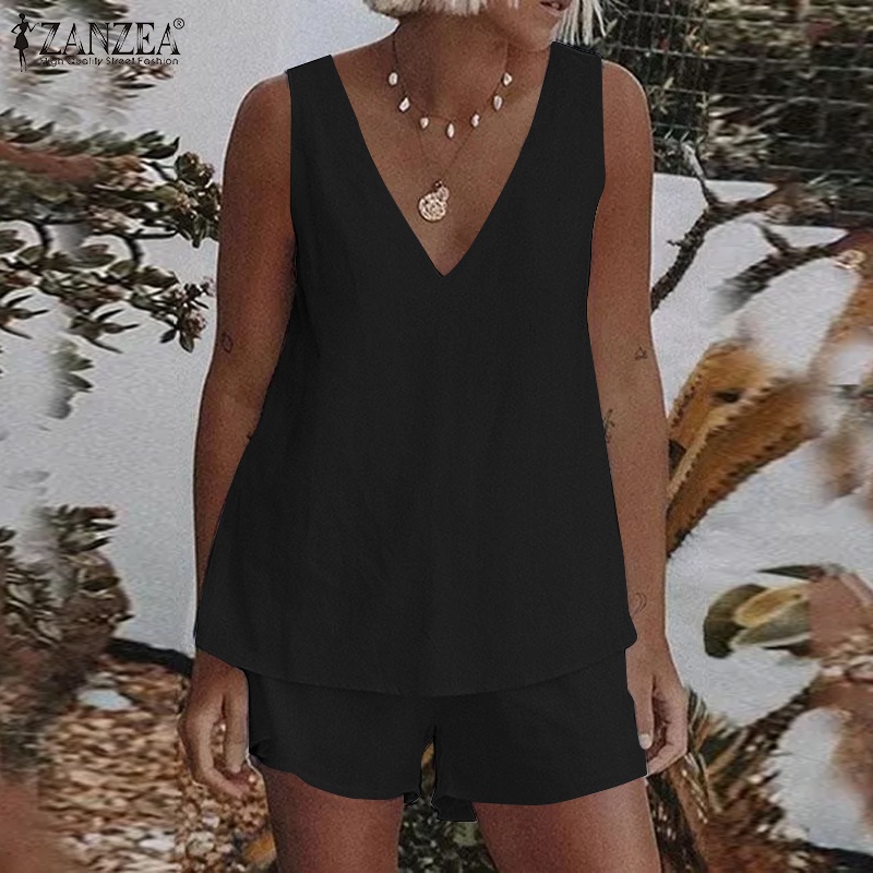 Bộ đồ nữ ZANZEA với áo blouse không tay cổ V và quần short co giãn màu trơn thời trang