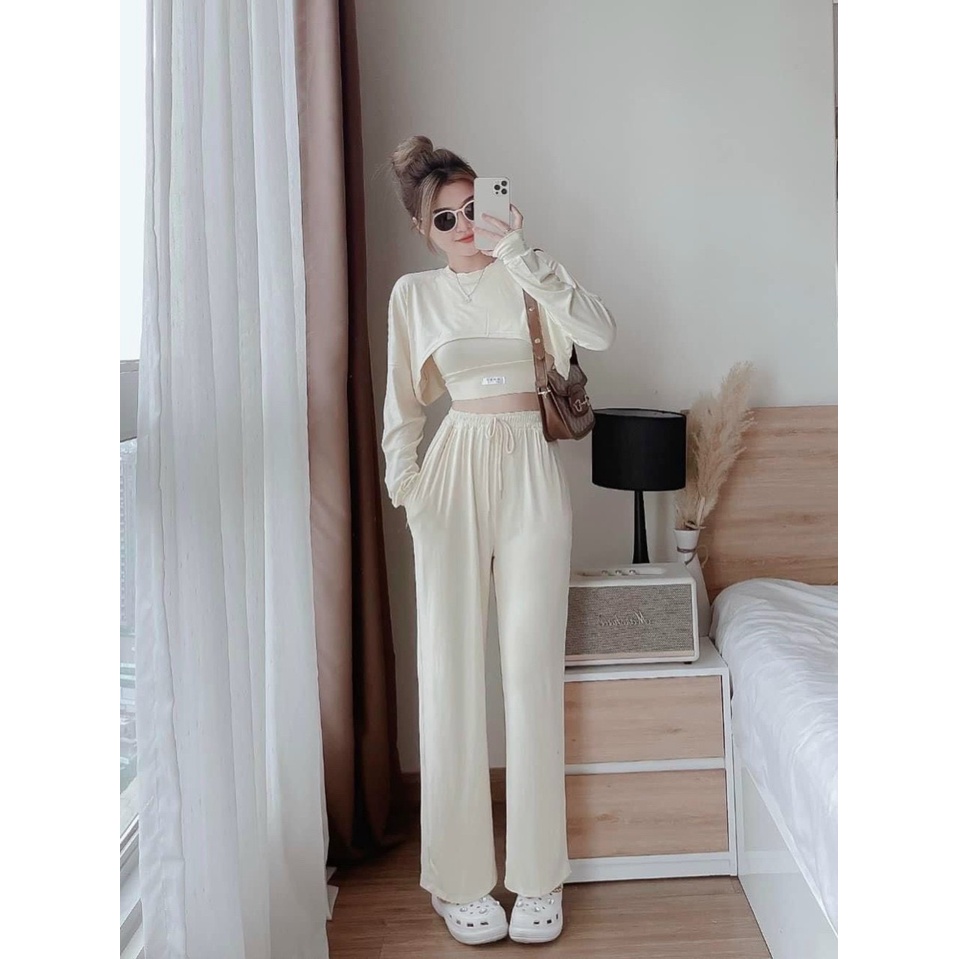Sét đồ bộ nữ 3 món thiết kế tay dài quần ống rộng áo croptop trẻ trung năng động