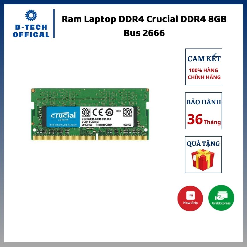 Ram Laptop DDR4 Crucial DDR4 8GB Bus 2666 (CT8G4SFS8266) - Hàng chính hãng bảo hành 36 tháng