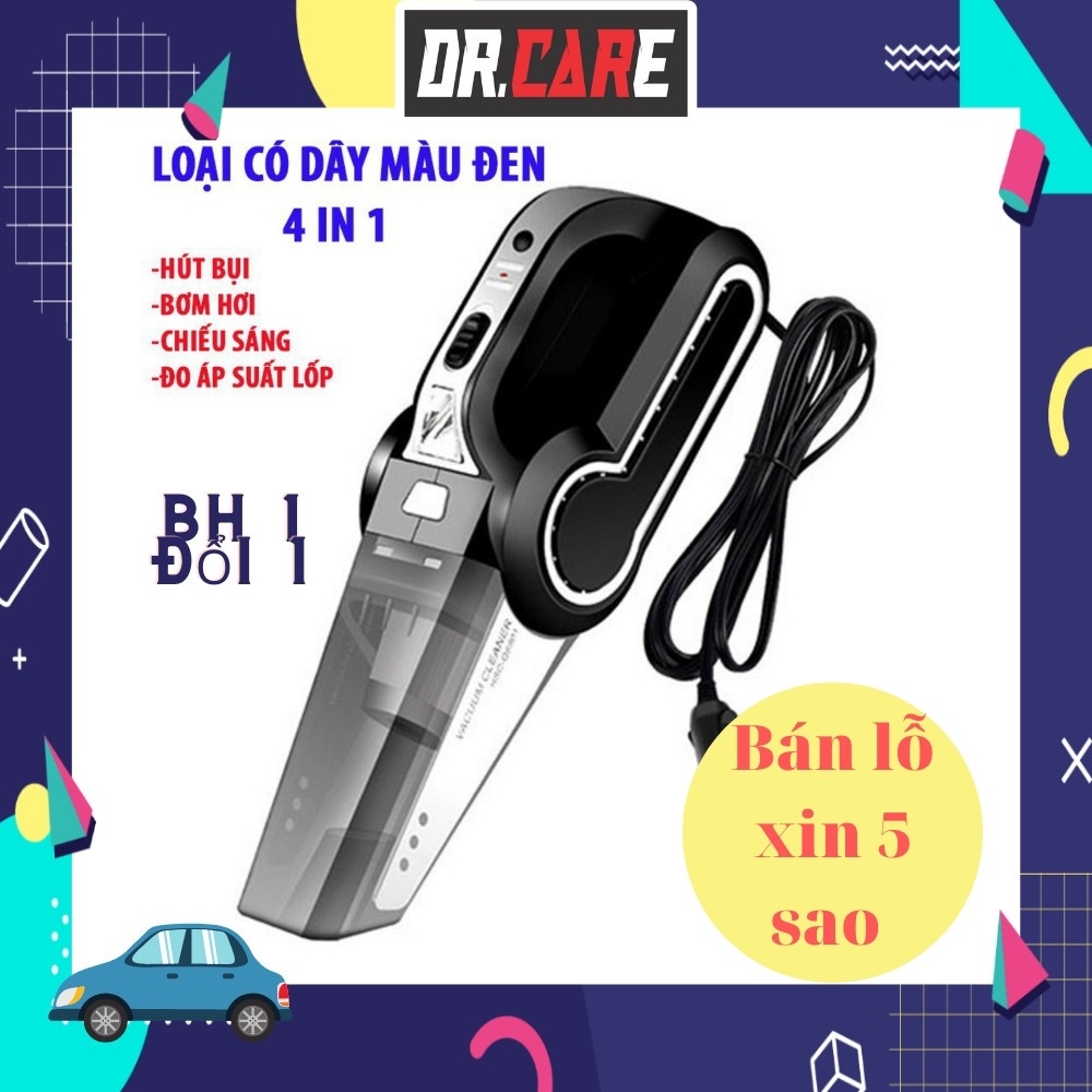 Máy hút bụi ô tô, máy hút bụi oto 4 chức năng hút bụi bơm lốp đo áp suất chiếu sáng