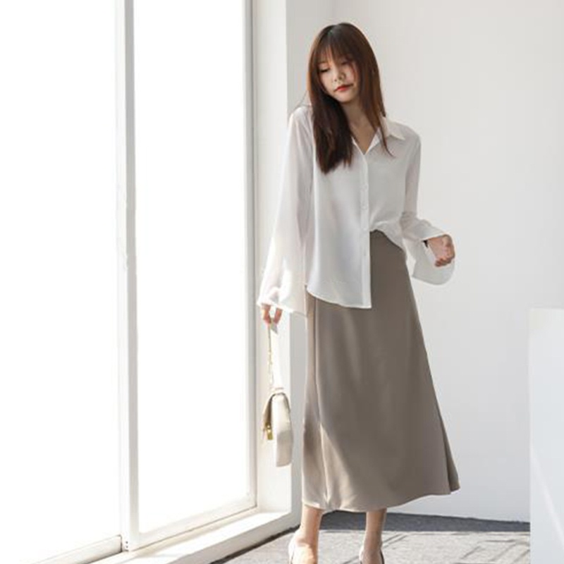 Áo Sơ Mi Chiffon Tay Dài Ống Loe Xẻ Tà Thời Trang Cho Nữ