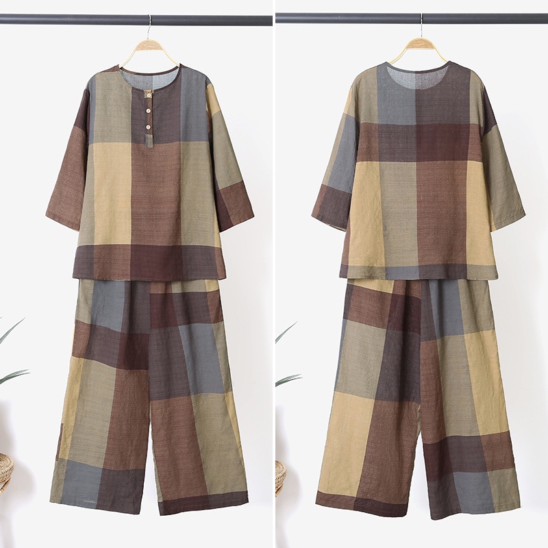 Bộ đồ ZANZEA áo tay 3/4 cổ tròn in họa tiết kẻ sọc caro quần phối túi thời trang thường ngày cho nữ