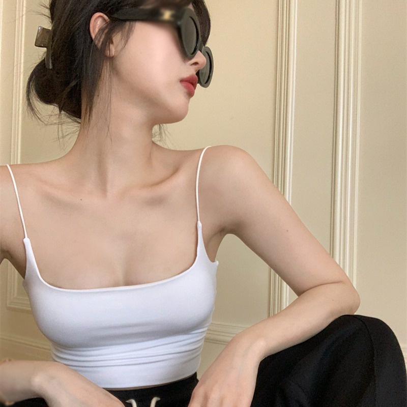 Áo hai dây vải lụa lạnh có đệm ngực xinh xắn ngọt ngào quyến rũ kiểu Hồng Kông thời trang mùa hè cho nữ